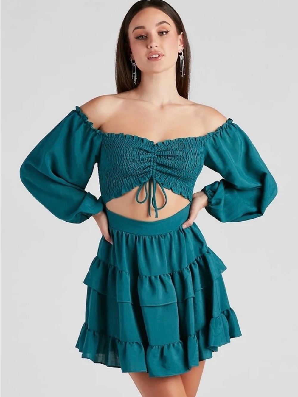 🚨SALE- Windsor Puff Sleeve Smocked Crop Top & Tiered Skirt Dress, S, NWT